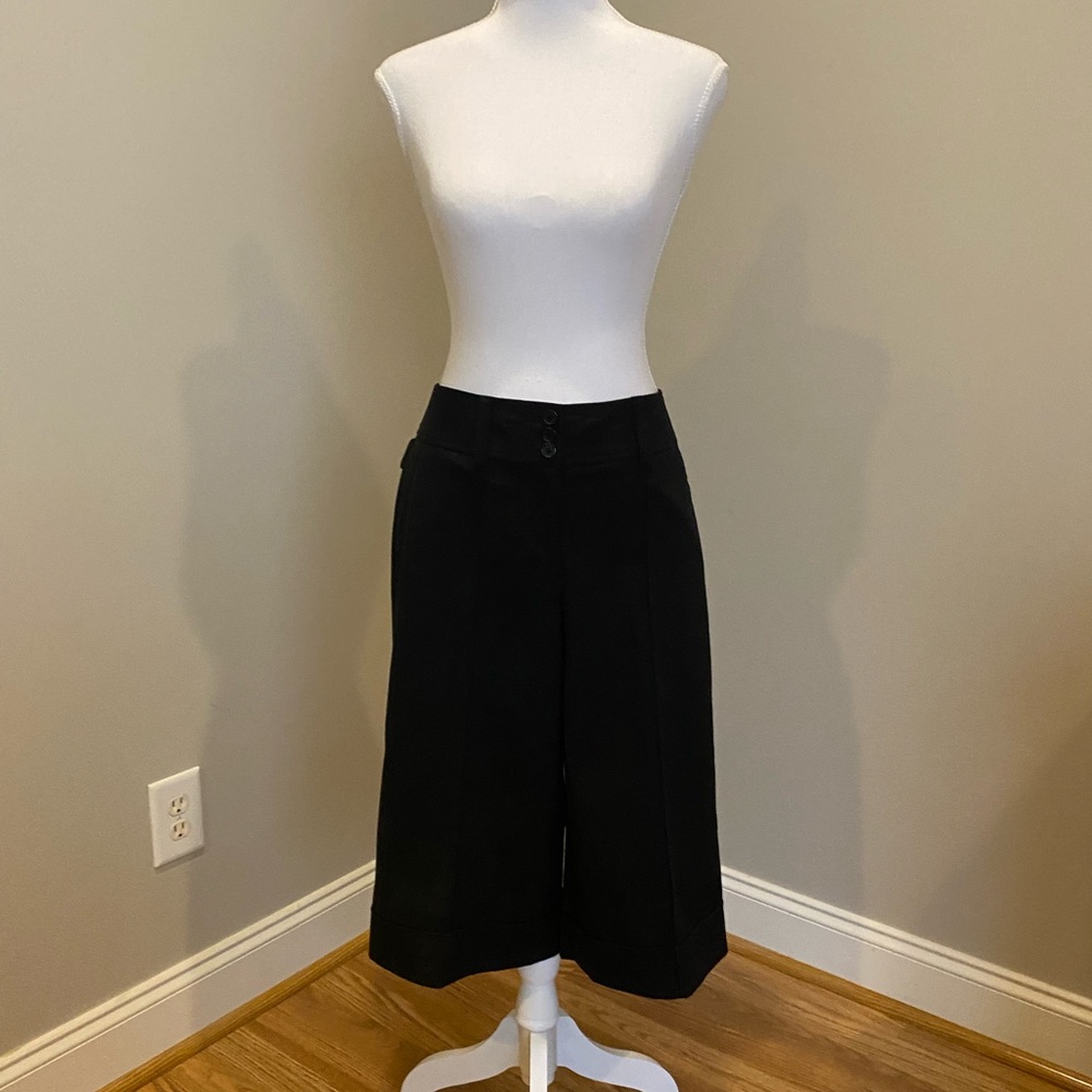 Black, Wide-Leg, Crop Pants with Wide Waistband and Button Details